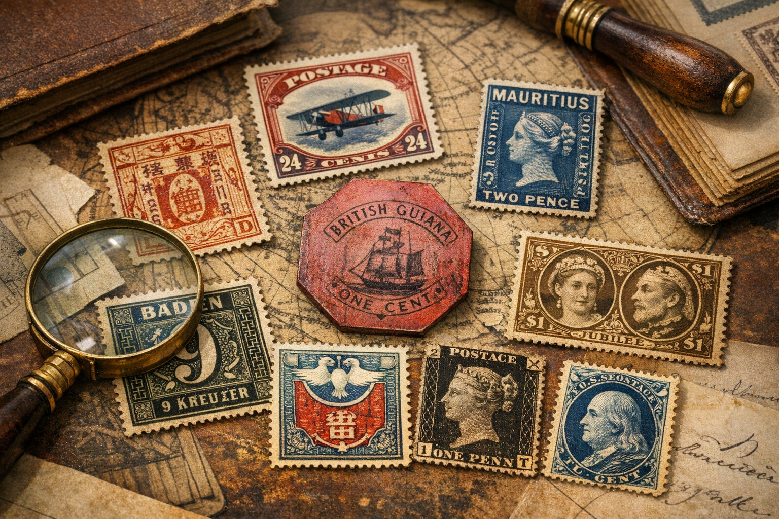 Generated reference image for documenting old stamp value factors including issue, catalog number, watermark, perforations, centering, gum, hinge marks, cancellations, faults, and condition