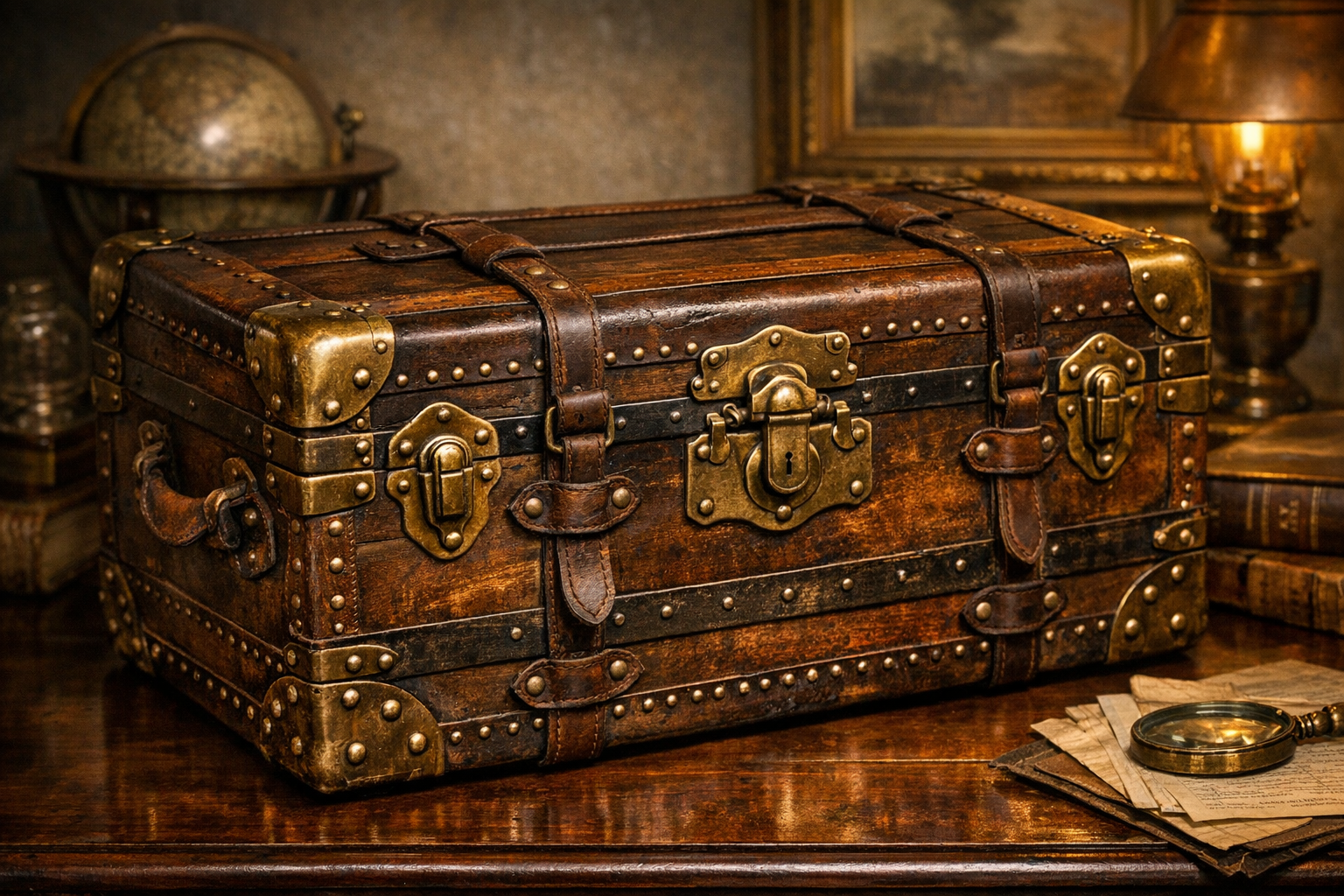 Generated reference image for documenting old steamer trunk value factors including maker labels, trunk style, hardware, locks, canvas or leather covering, trays, slats, travel labels, repairs, and condition
