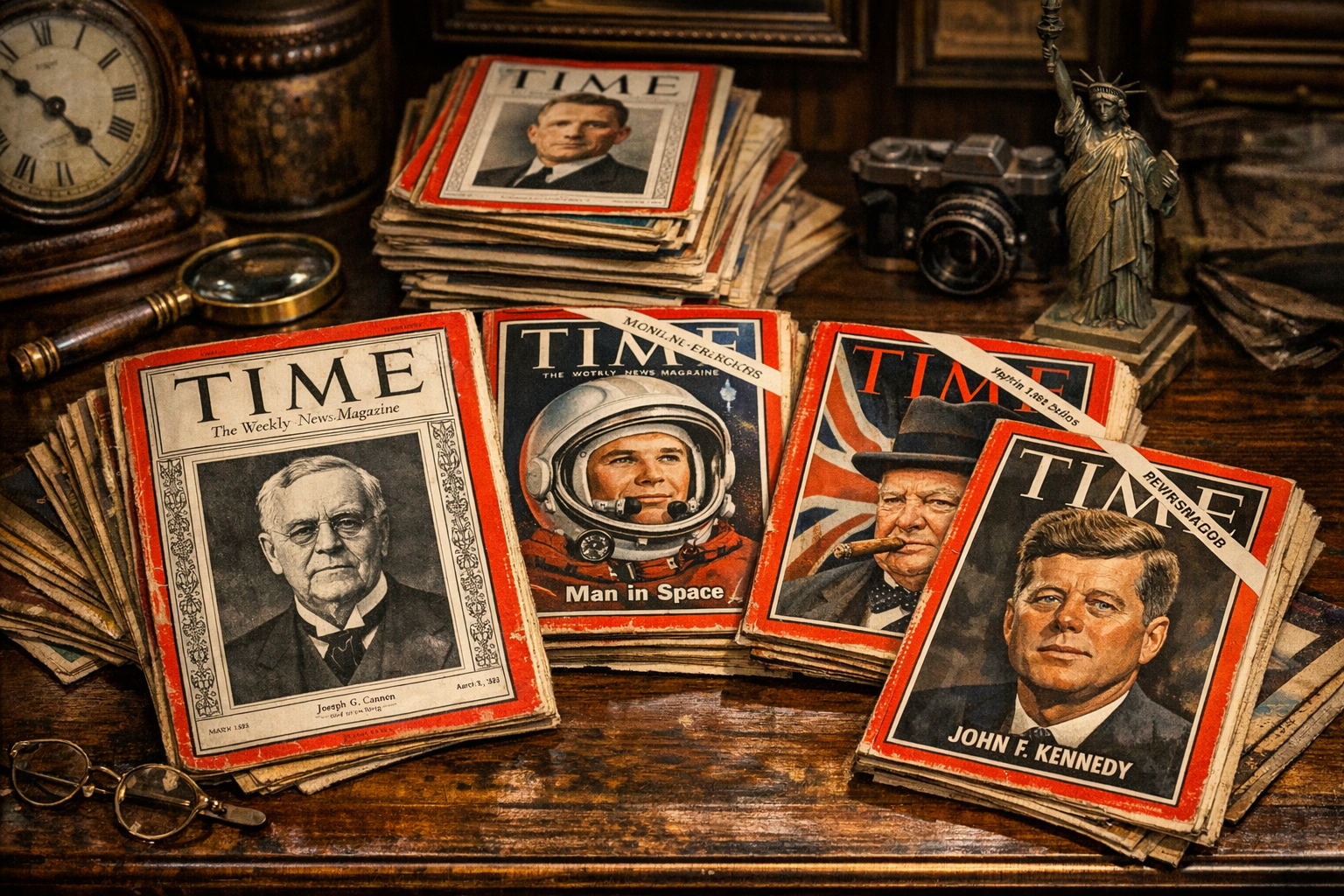 Generated reference image for documenting old TIME magazine value factors including issue date, cover subject, edition, completeness, mailing label, spine, tears, stains, fading, page condition, and provenance