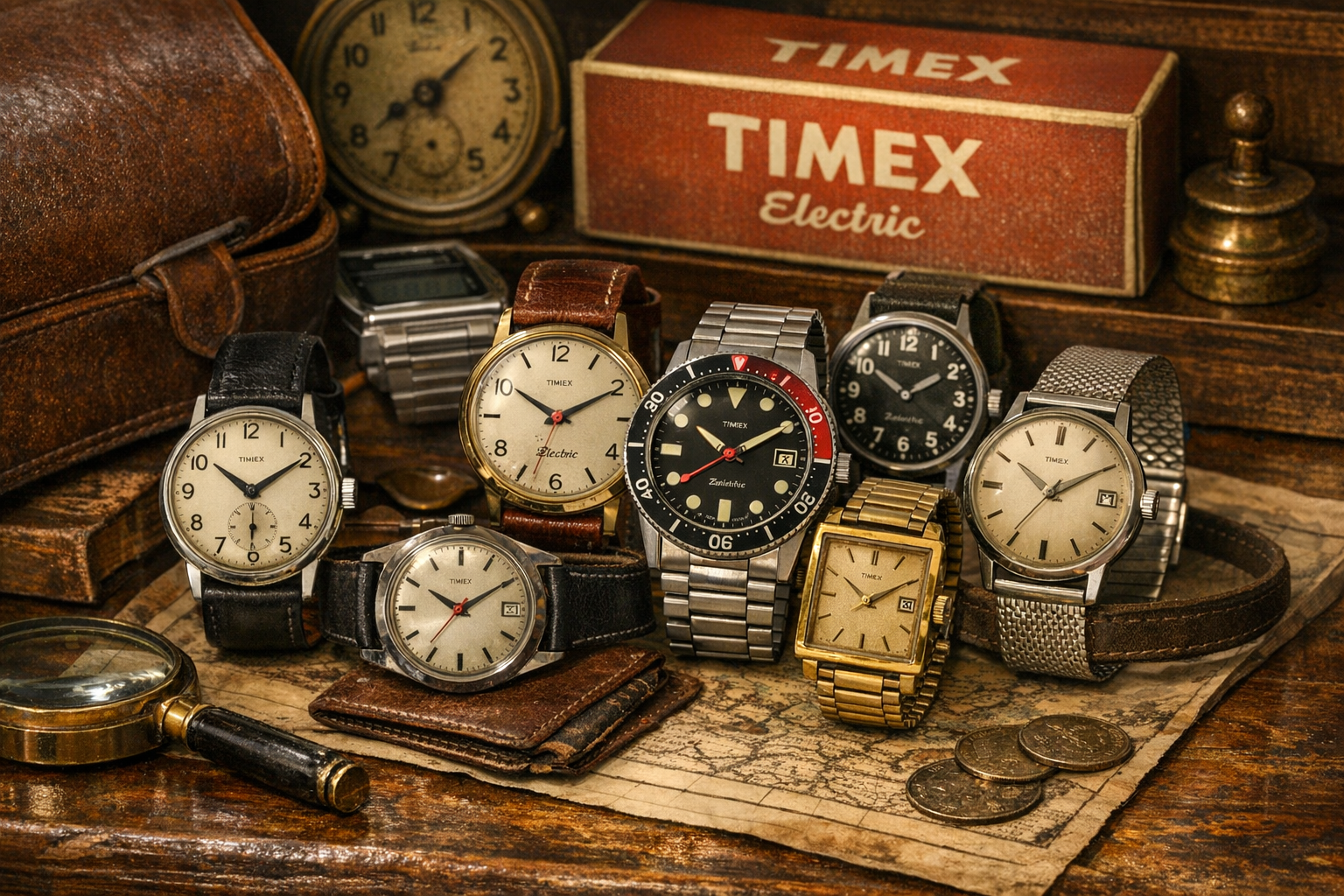 Generated reference image for documenting old Timex watch value factors including model, movement, caseback code, dial, hands, crown, bracelet, box, papers, running status, service history, and condition