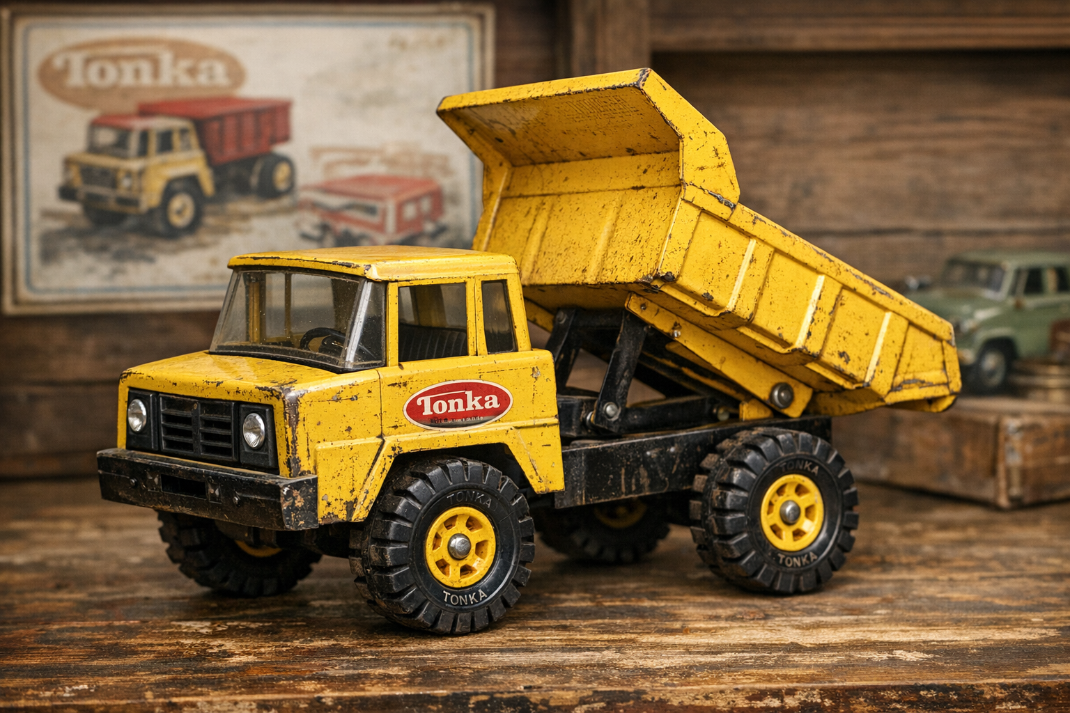 Generated reference image for documenting old Tonka dump truck value factors including model, scale, color, decals, pressed steel body, bed action, tires, rust, paint loss, restoration, box, and condition