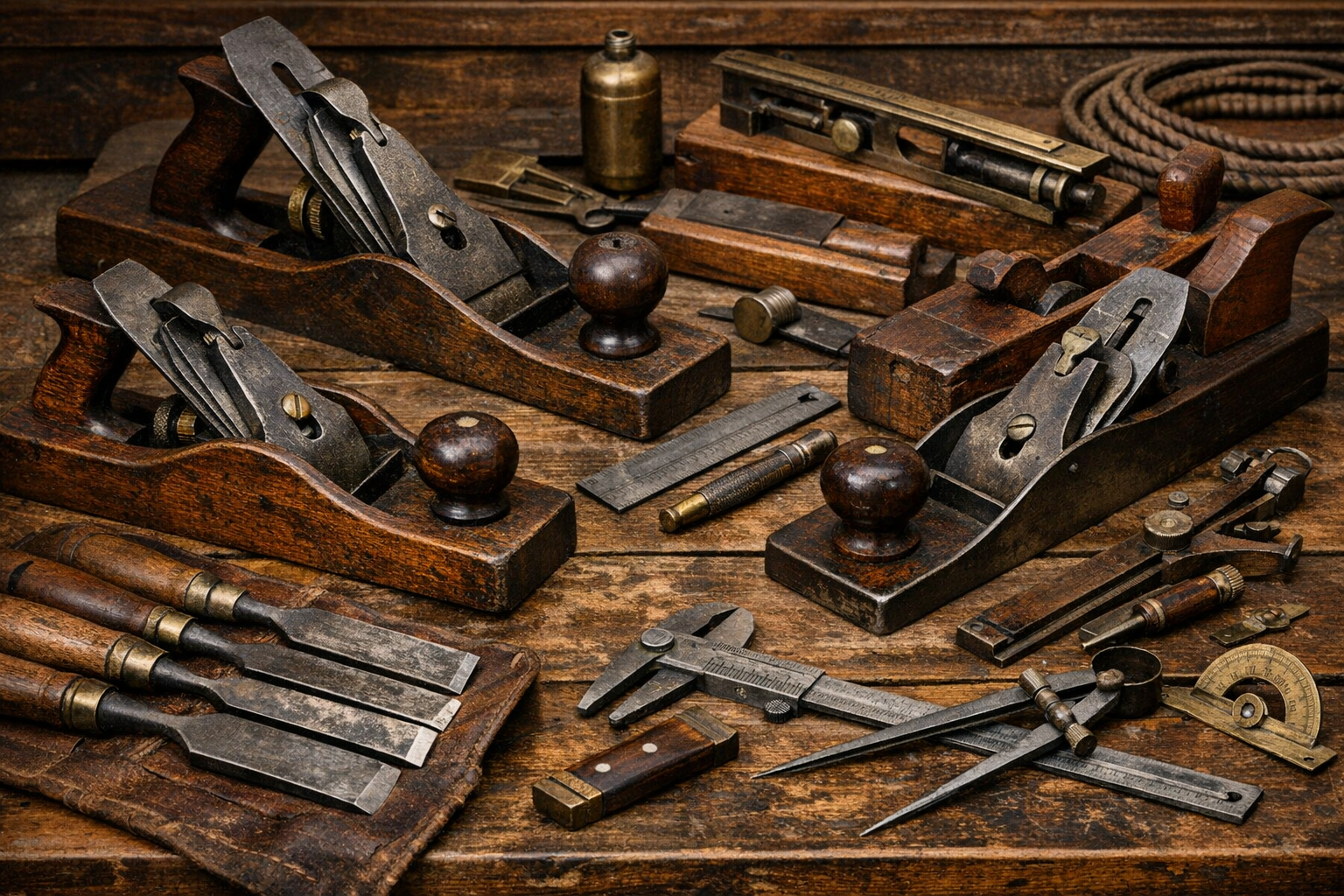 Generated reference image for documenting old tool identification factors including maker marks, patent dates, material, handle style, construction, intended use, wear, repairs, rust, completeness, and condition