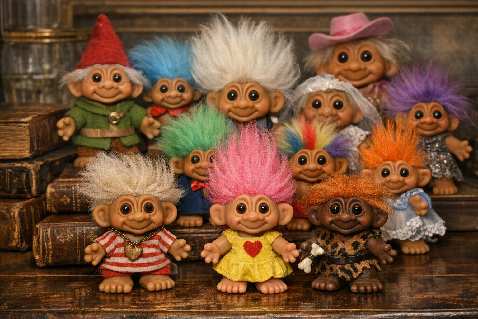 Generated reference image for documenting old troll doll value factors including maker marks, era, size, hair, eyes, clothing, DAM or Russ details, packaging, staining, repairs, and condition