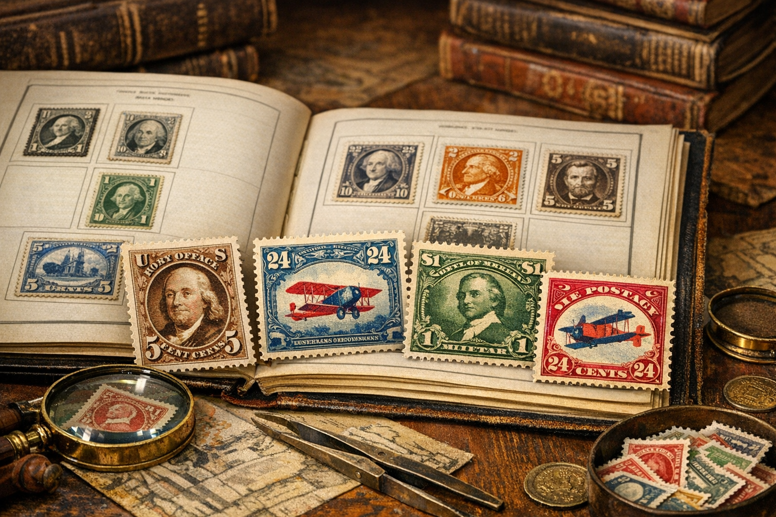 Generated reference image for documenting old US postage stamp value factors including issue, denomination, catalog number, watermark, perforations, centering, gum, cancellation, faults, certificate, and condition