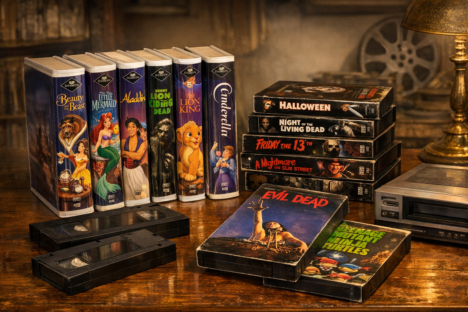 Generated reference image for documenting old VCR and VHS tape value factors including title, release, edition, studio, barcode, sealed or opened status, box wear, tape mold, grading, and condition