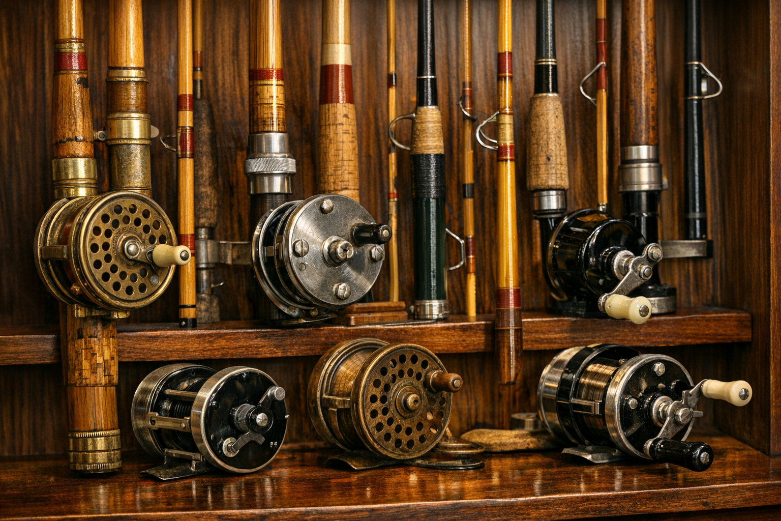 Generated reference image for documenting vintage fishing rod identification factors including maker marks, model, material, ferrules, guides, wraps, grip, reel seat, tube, bag, repairs, and condition