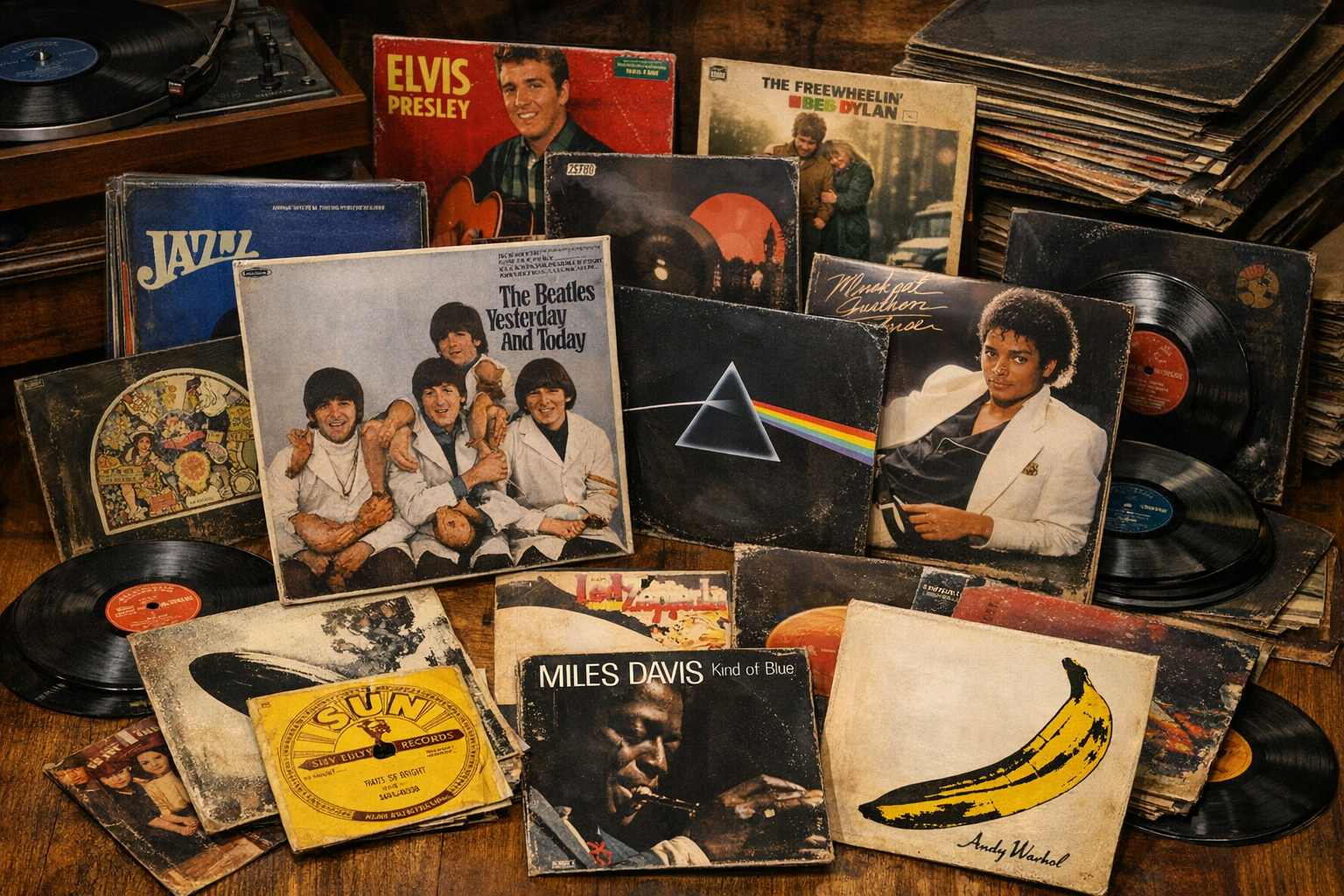 Generated reference image for documenting old vinyl record value factors including artist, title, pressing, label, matrix, format, sleeve, inserts, warping, scratches, grading, provenance, and condition
