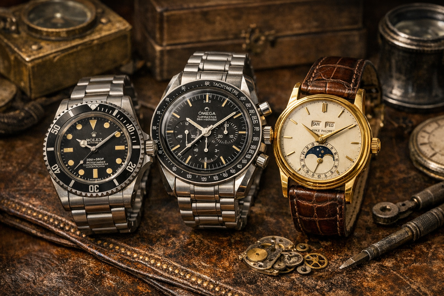 Generated reference image for documenting old watch value factors including brand, model, movement, serial number, case metal, dial, hands, crown, bracelet, running status, service history, and condition