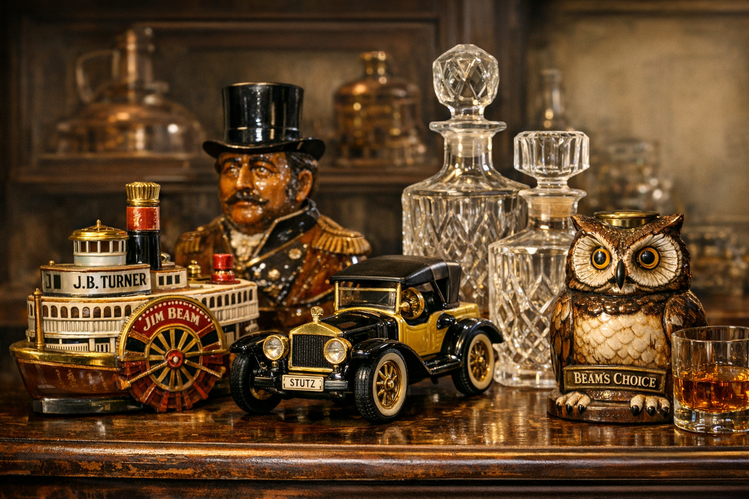 Old whiskey decanters value reference with brand, maker, seal, stopper, label, box, chips, cracks, crazing, paperwork, and condition