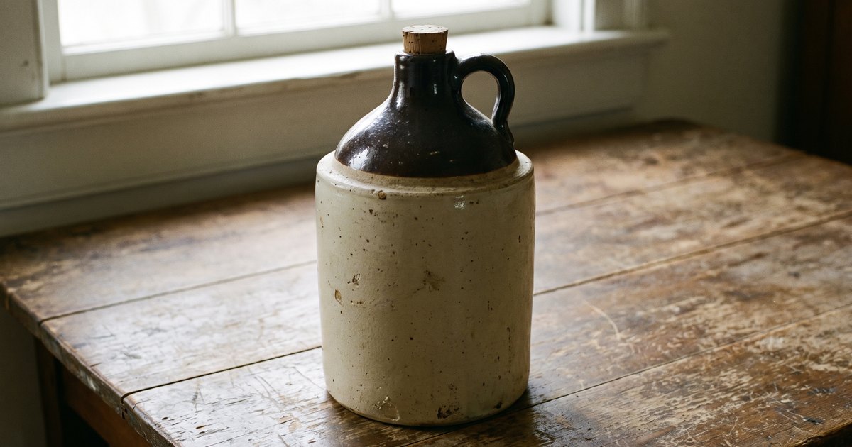 Antique two-tone stoneware whiskey jug with cork and loop handle
