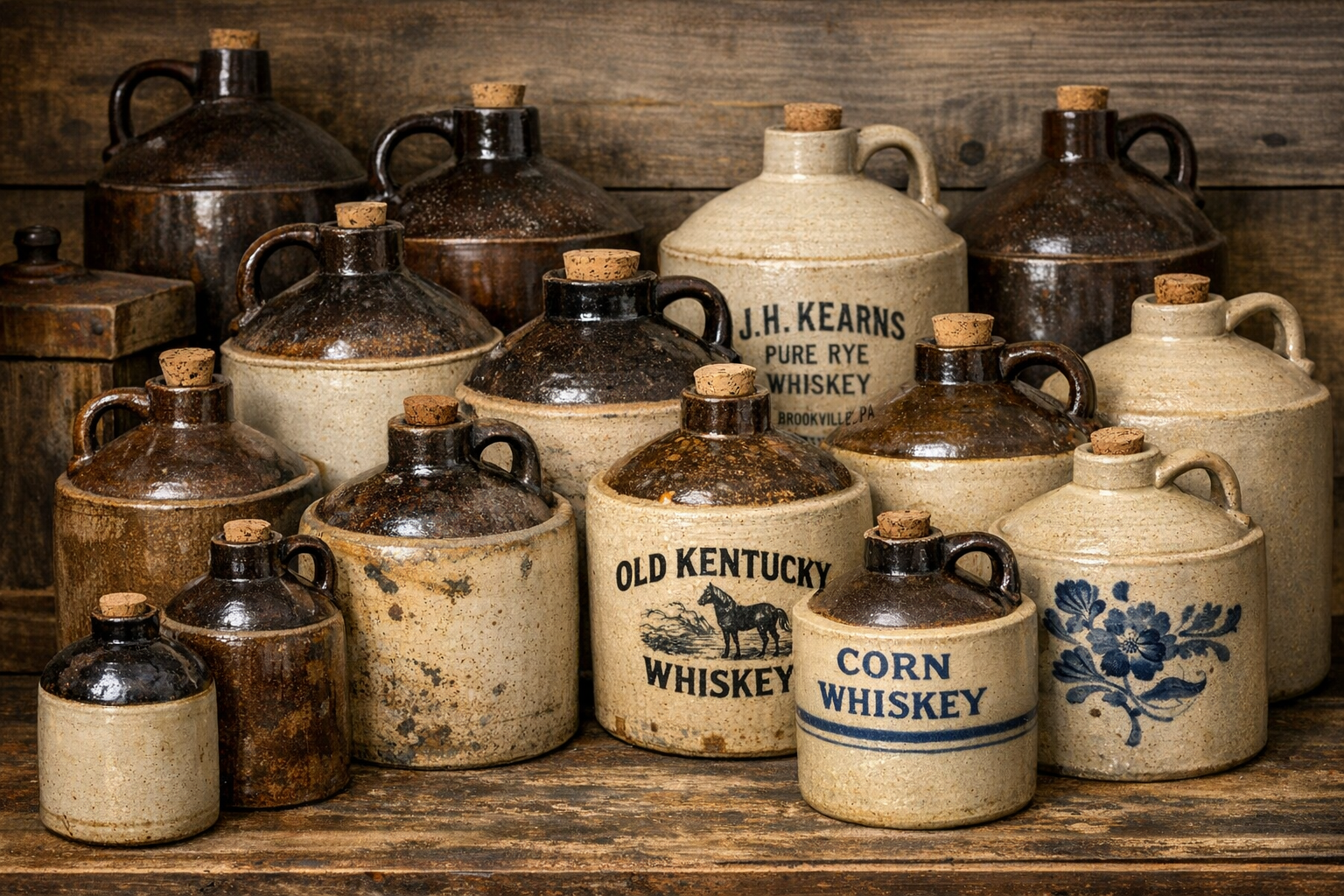 Generated reference image for documenting old whiskey jug value factors including stoneware type, maker mark, capacity, advertising text, glaze, handle, chips, cracks, stains, repairs, and condition