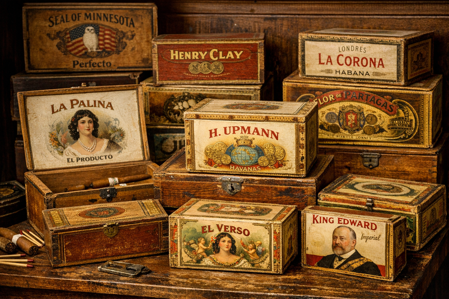 Old wooden cigar boxes value reference with brand, label art, tax stamps, factory marks, wood, hinges, clasp, interior, wear, repairs, and condition