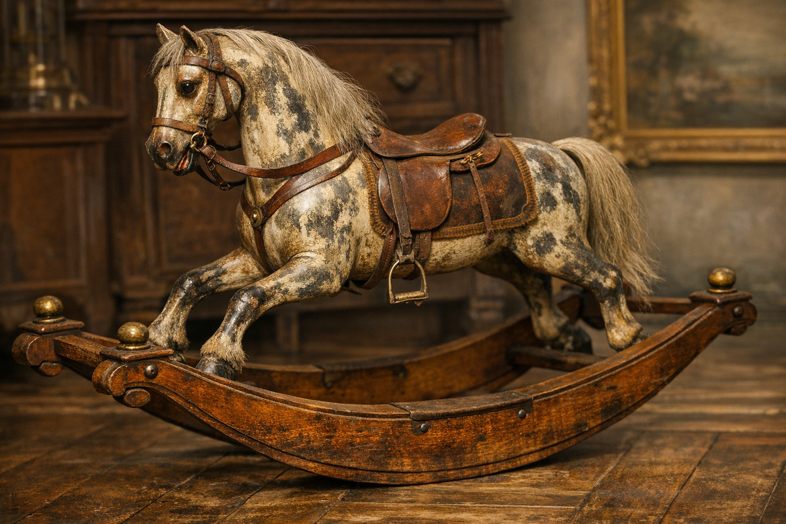 Generated reference image for documenting old wooden rocking horse value factors including maker, age clues, carved details, paint, saddle, mane, tack, stand, repairs, cracks, and condition