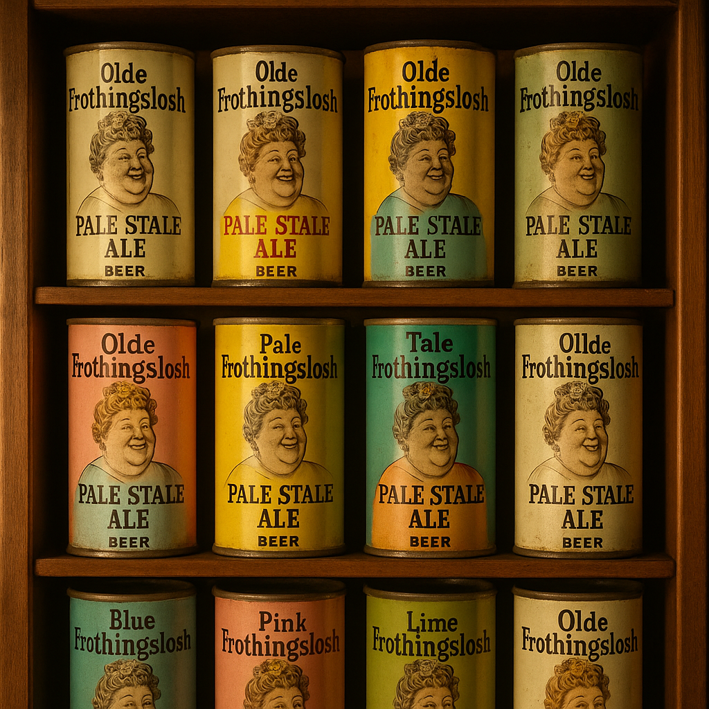 Generated reference image for documenting Olde Frothingslosh beer can value factors including edition, brewer, label art, seam, top, pull tab, contents, dents, rust, fading, and condition