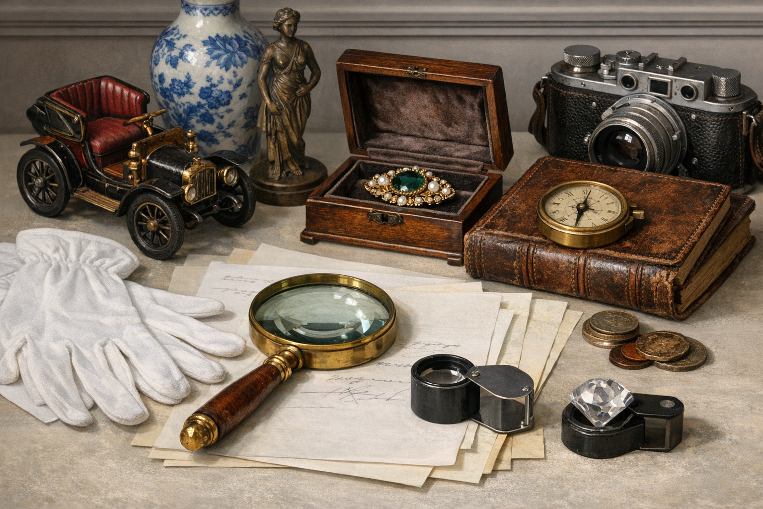 Generated reference image for documenting older toy value factors including maker, character, era, rarity, accessories, packaging, markings, working parts, wear, repairs, and condition