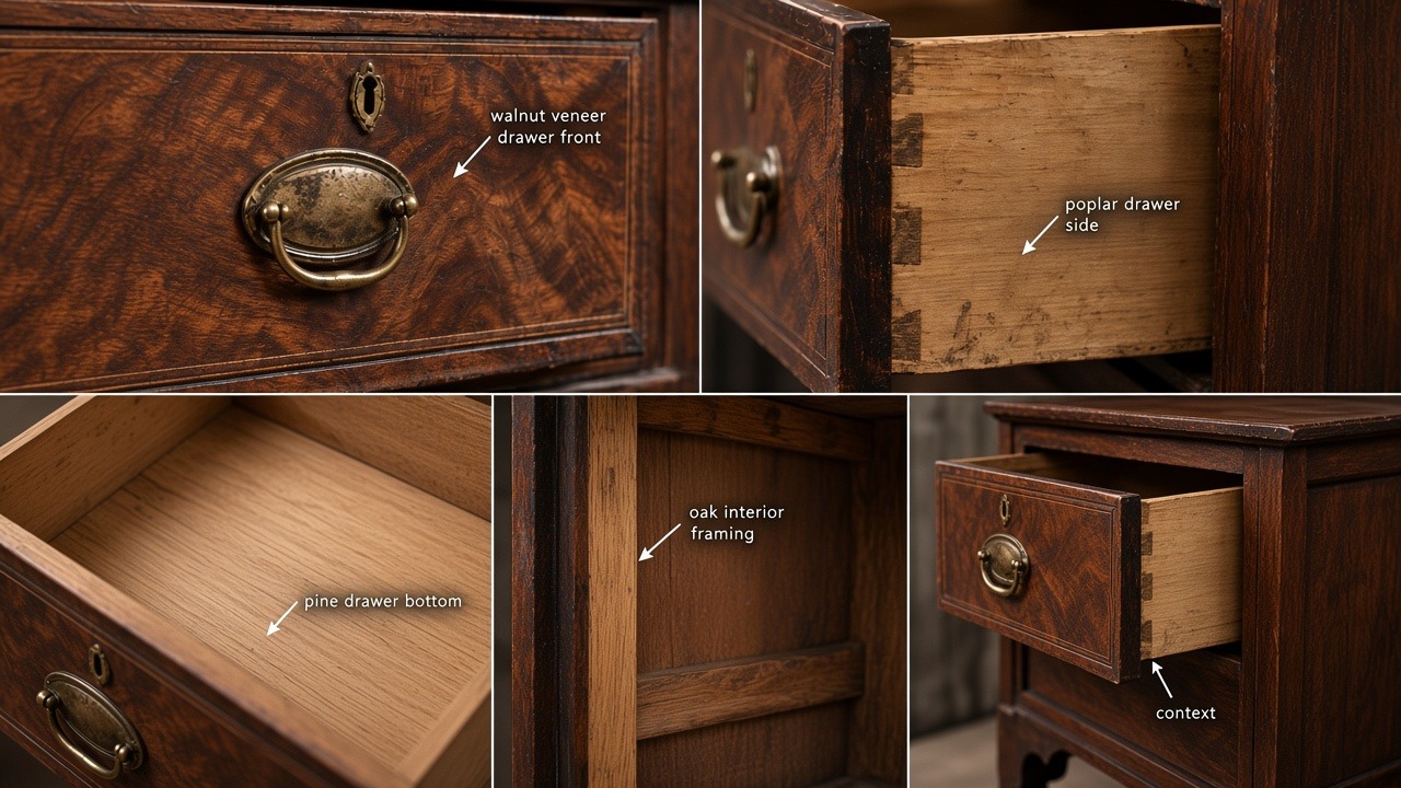 Five photographs of one chest showing a walnut veneer drawer front, poplar drawer side, pine drawer bottom, oak interior framing, and the piece in context