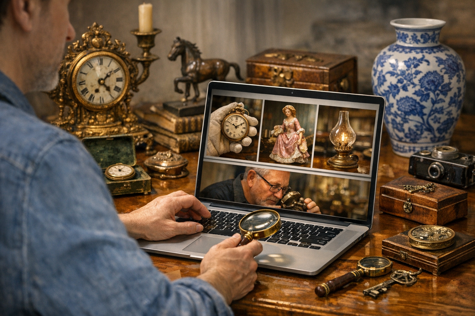 Generated reference image for preparing an online antique appraisal with clear photos, maker marks, dimensions, materials, condition issues, repairs, provenance, and intended appraisal use