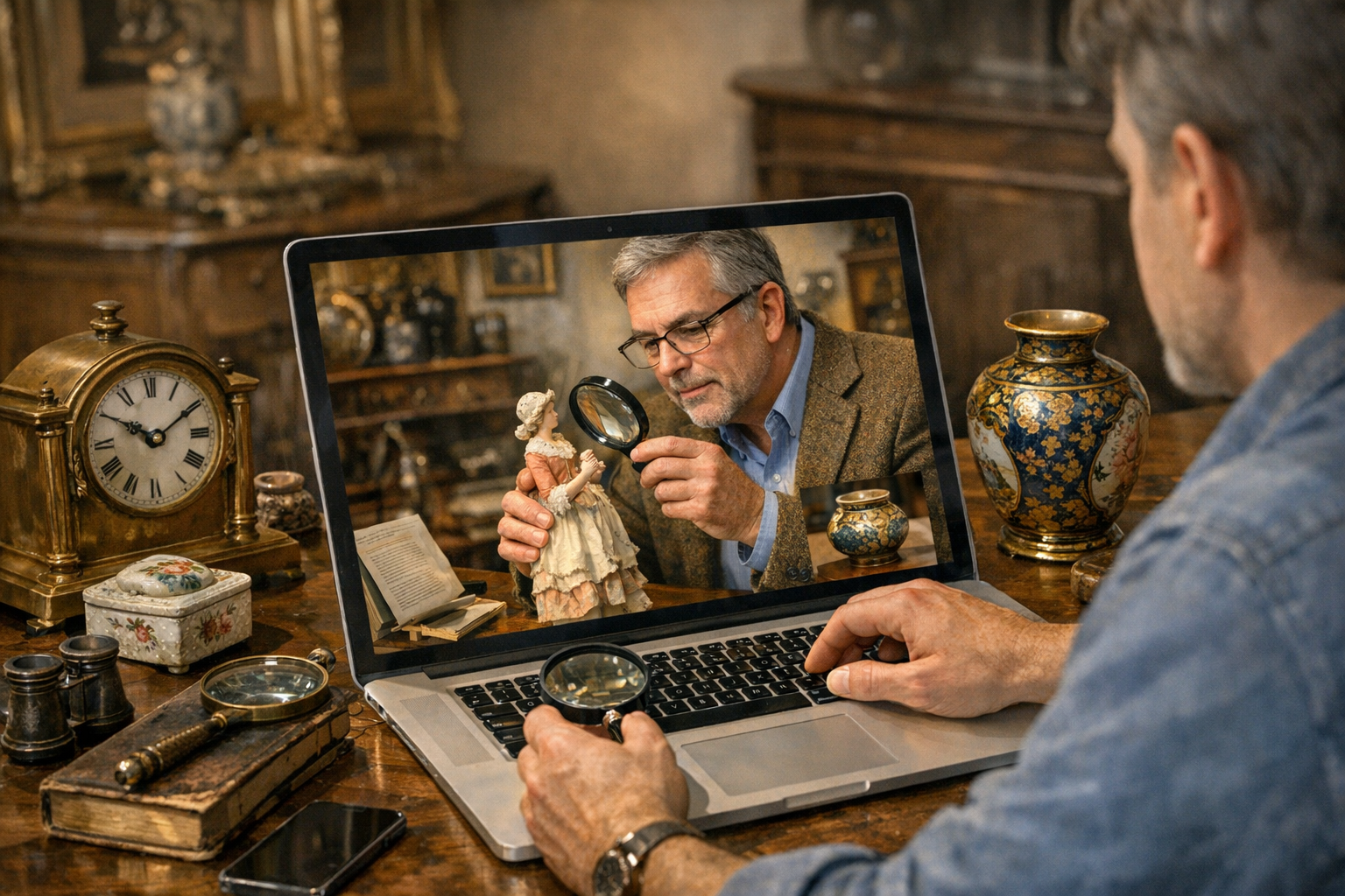 Generated reference image for online antique valuation with photos, marks, dimensions, condition, repairs, provenance, comparable sales, report limits, and formal appraisal needs