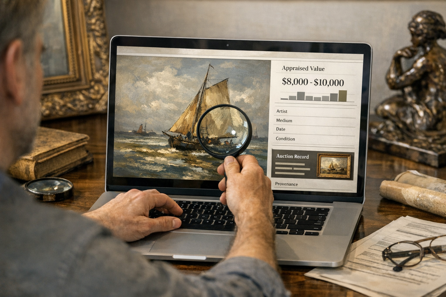 Generated reference image for comparing online art appraisal reviews by credentials, report scope, image requirements, attribution limits, condition review, turnaround, and intended use
