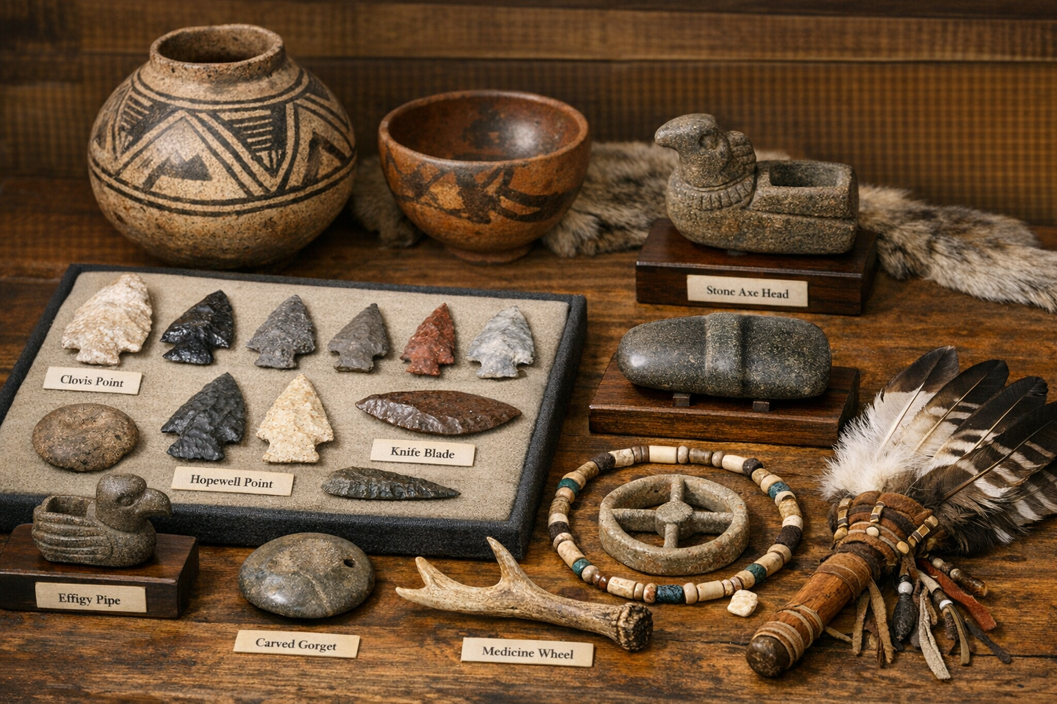 Generated reference image for documenting Native American artifact identification factors including material, form, tool marks, age clues, condition, provenance, legal context, cultural sensitivity, and expert review needs