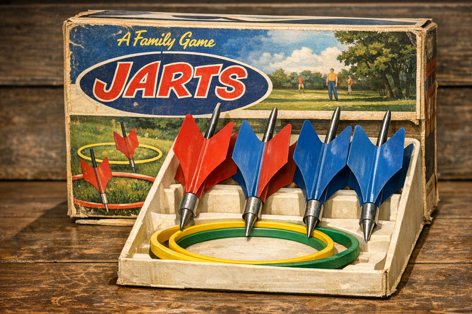 Generated reference image for documenting original Jarts lawn dart value factors including box, darts, fins, rings, instructions, warning labels, completeness, condition, era, and legal context