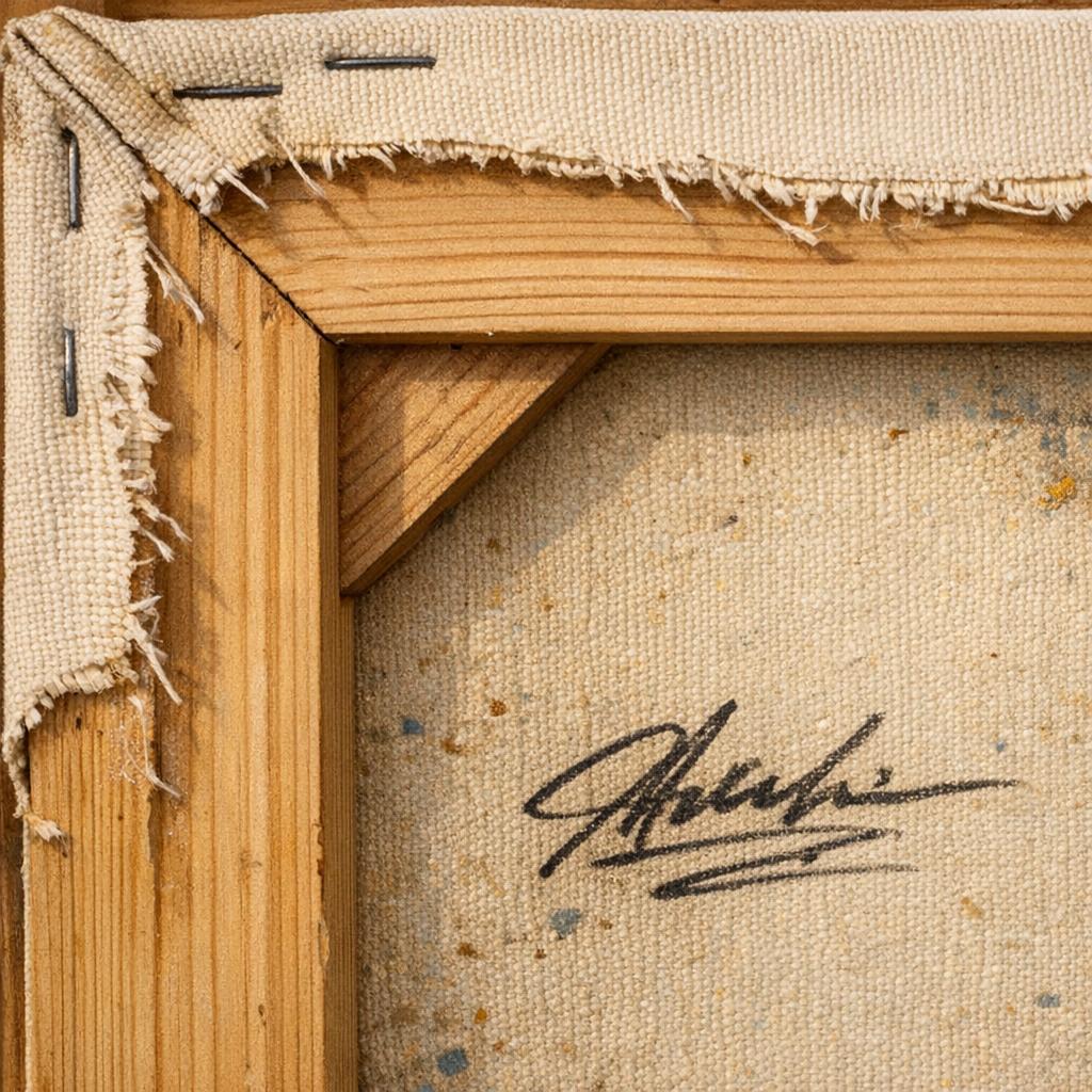 Back of a stretched canvas painting showing raw canvas, wooden stretcher bars, and handwritten markings