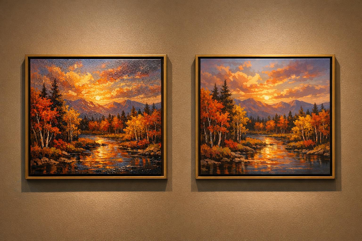 Original Oil Painting vs Print How to Tell the Difference and Which Is Worth More example: Side-by-side comparison showing an original oil painting with raised brushstroke texture next to a flat giclée print on canvas under gallery raking light