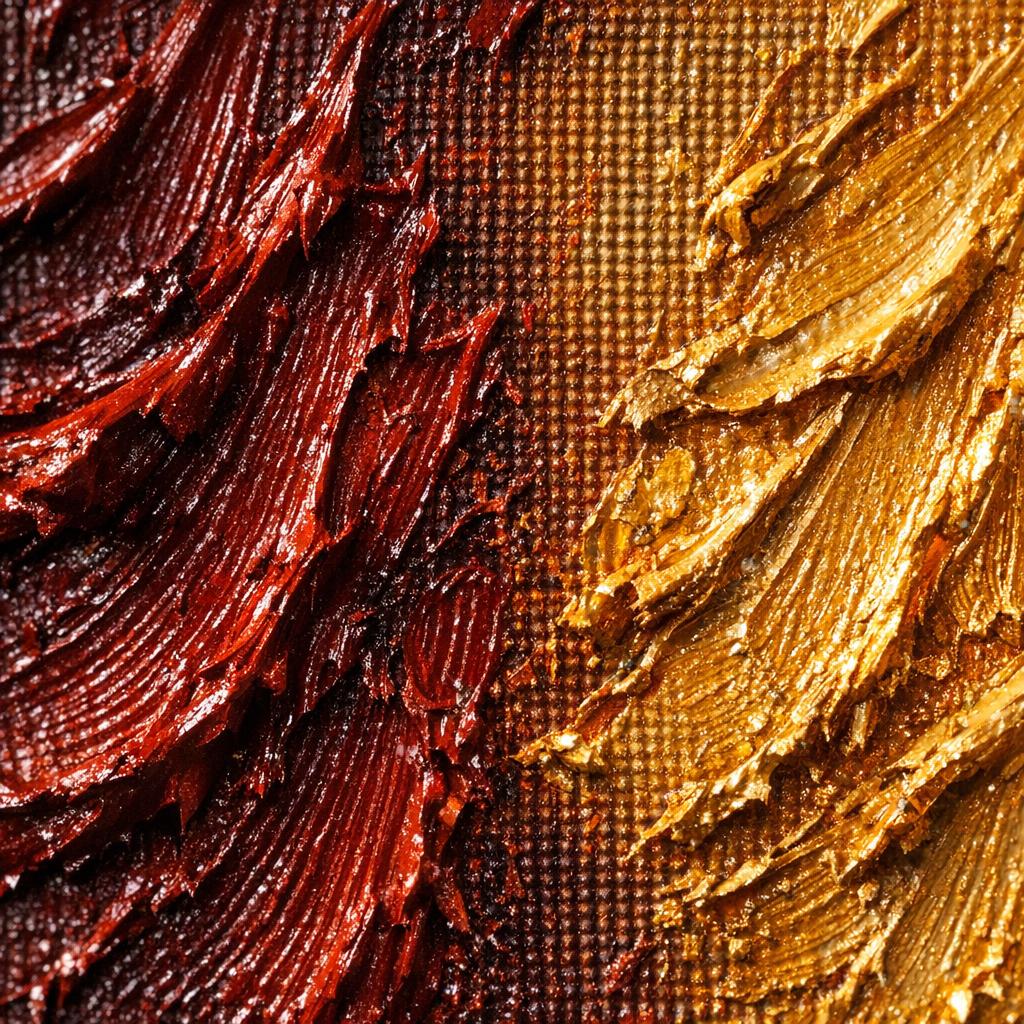 Extreme macro close-up of original oil painting showing thick raised brushstrokes with impasto texture catching warm raking light