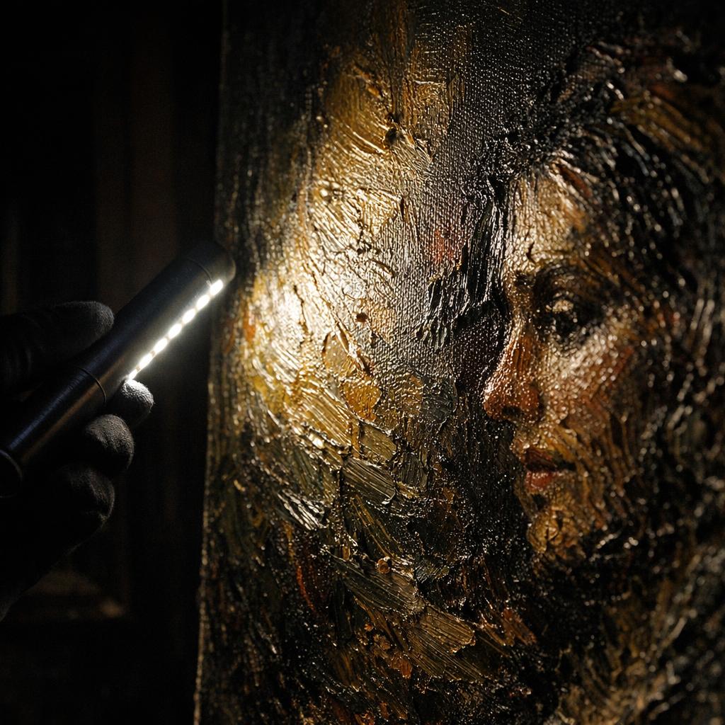 Handheld LED light held at a shallow angle across a canvas surface revealing raised brushstroke texture and impasto ridges through dramatic side-lighting