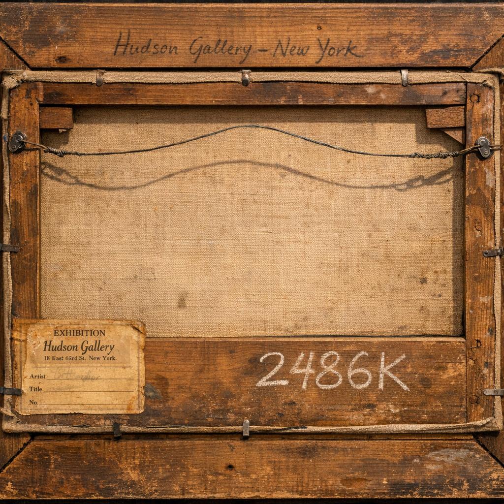 Back of a stretched canvas showing wooden stretcher bars, aging, gallery labels, and handwritten pencil markings