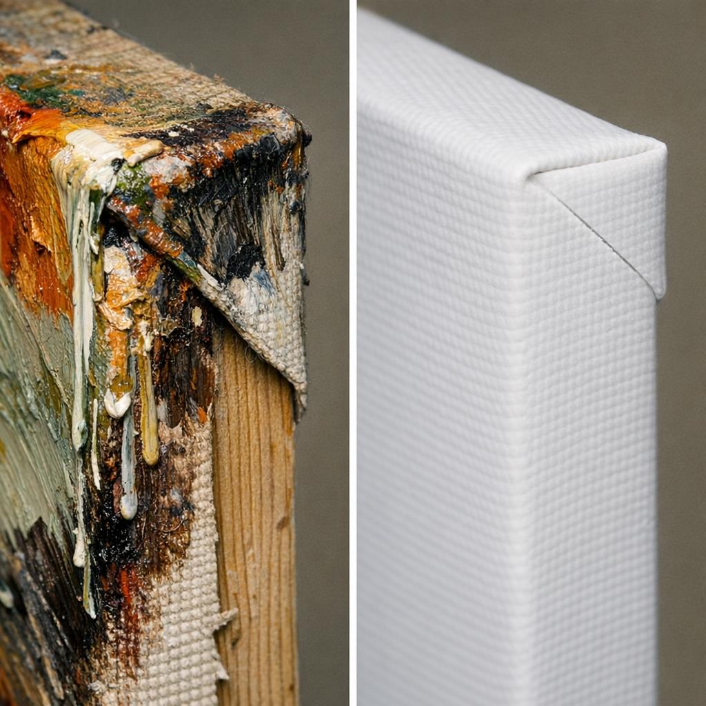 Close-up of a canvas edge showing oil paint wrapping around the side onto the stretcher bar versus a clean white edge on a printed reproduction