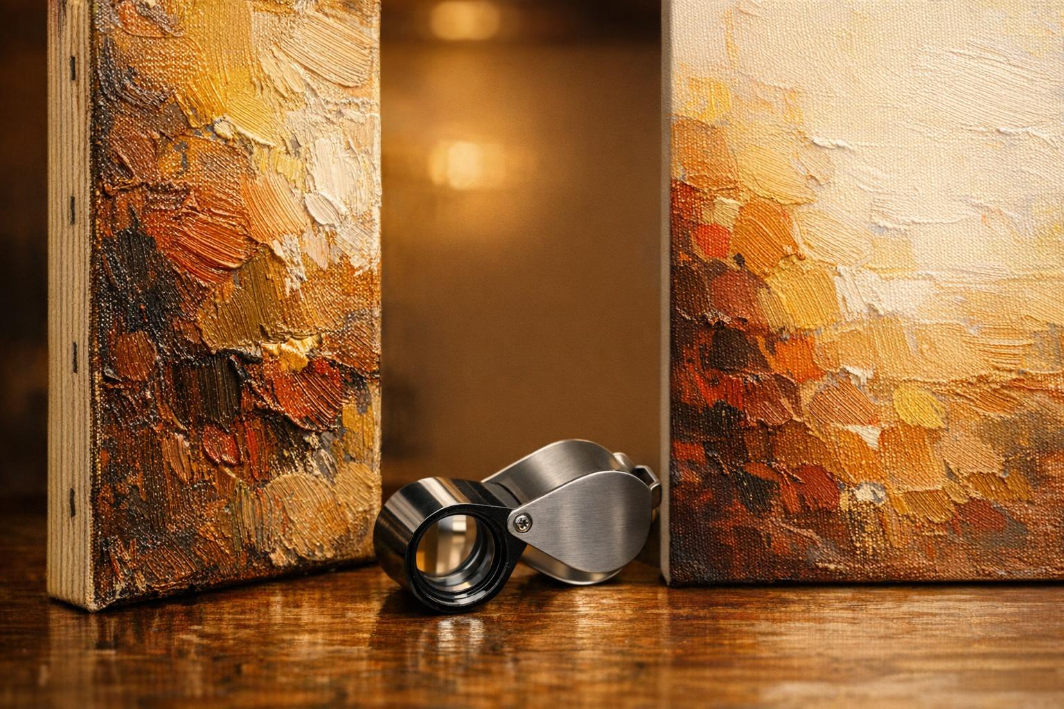 Side-by-side comparison of a textured original oil painting with visible brushstrokes and a flat printed canvas reproduction, with a magnifying loupe between them