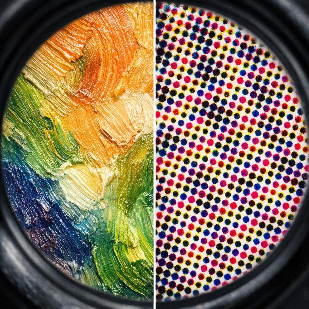 Magnifying loupe view showing dot-matrix halftone pattern of a printed reproduction compared to continuous blended pigment of an original oil painting