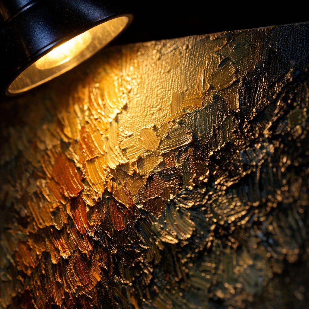 Desk lamp at low raking angle illuminating an oil painting surface, revealing raised brushstroke shadows and impasto paint texture