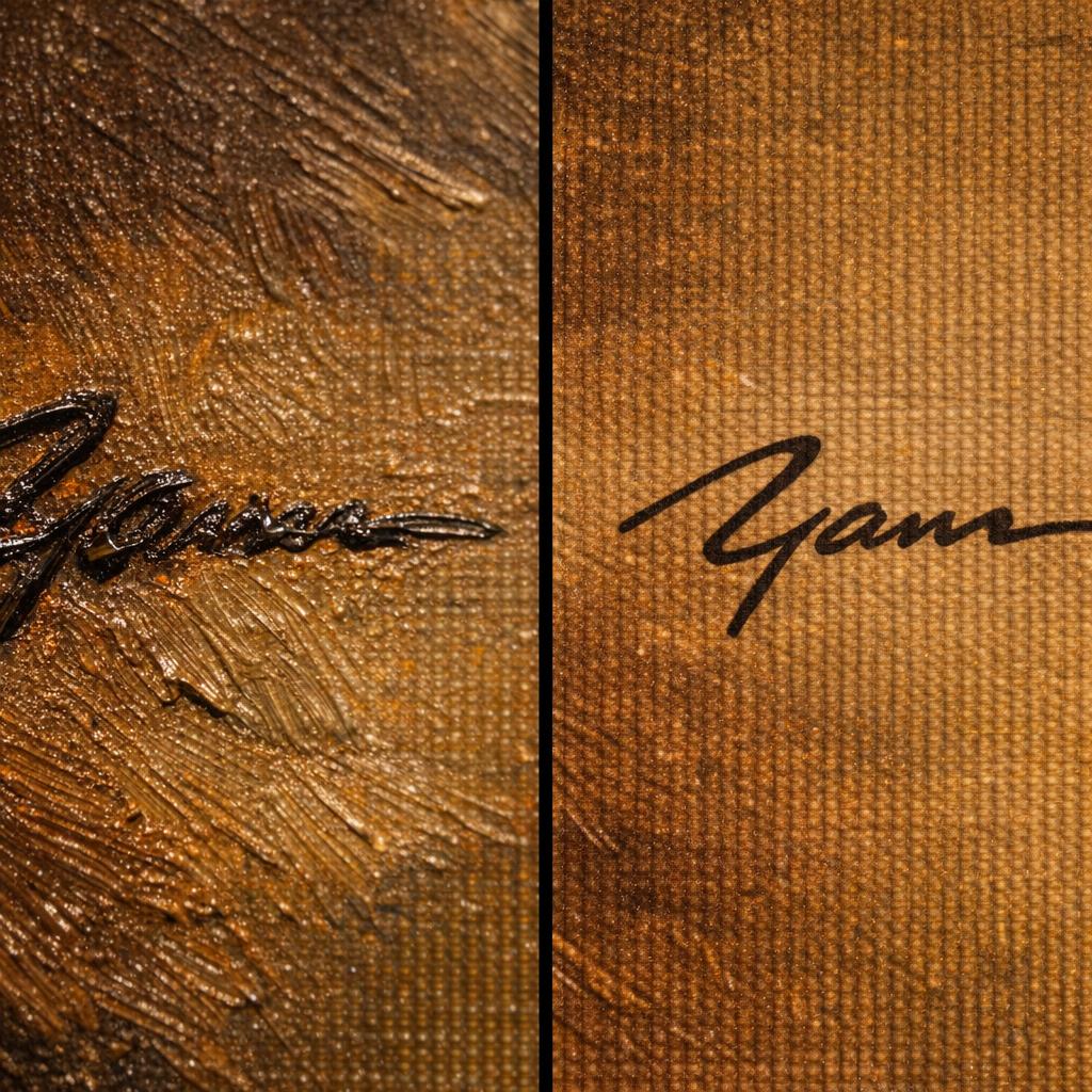 Side-by-side comparison of a raised hand-painted artist signature in oil paint versus a flat printed signature that is part of the ink layer