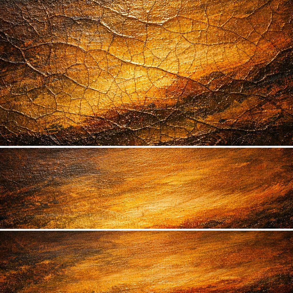 Close-up comparison of glossy oil paint surface with natural craquelure versus uniform matte semi-gloss ink-on-canvas reproduction