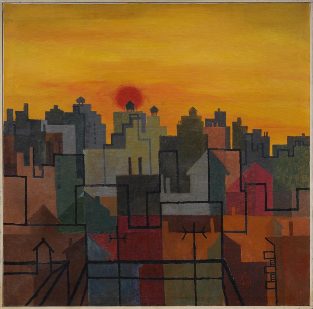 Signed geometric abstract city landscape oil painting comp