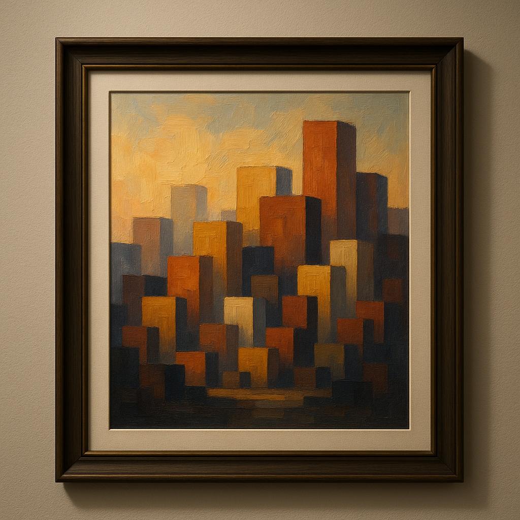 Signed P. Guillon abstract city painting reference with signature, medium, support, frame, condition, and provenance