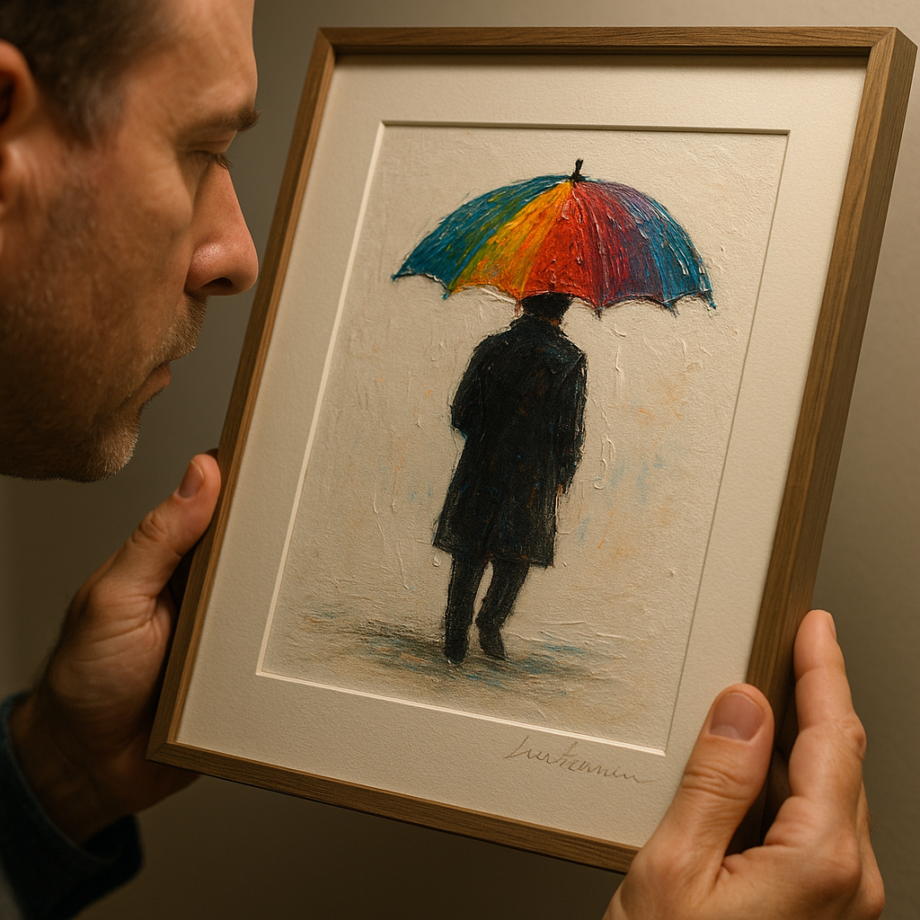62052e9138a68 4 example: Collector inspecting a framed mixed-media print with raised acrylic brushstrokes and pencil signature