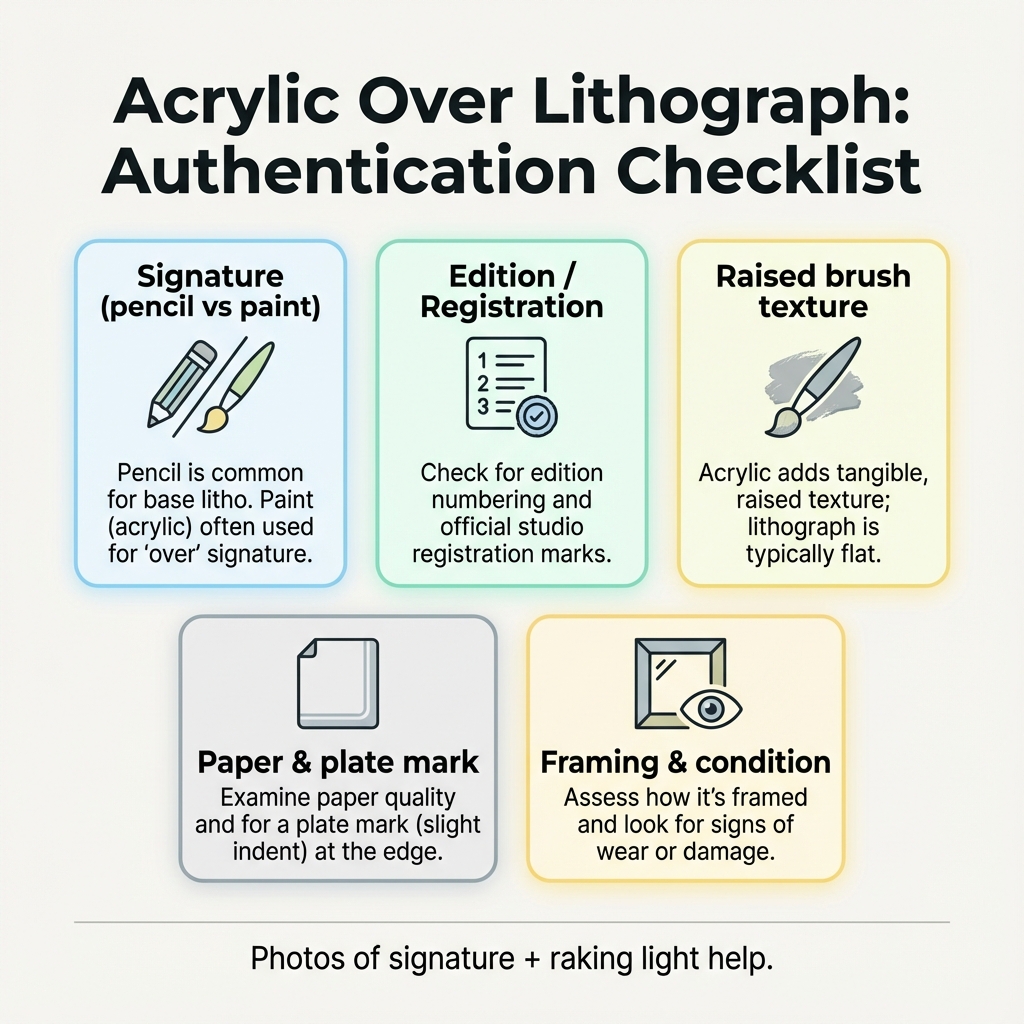 Infographic titled Acrylic Over Lithograph: Authentication Checklist with callouts for signature, edition or registration, raised brush texture, paper and plate mark, and framing condition