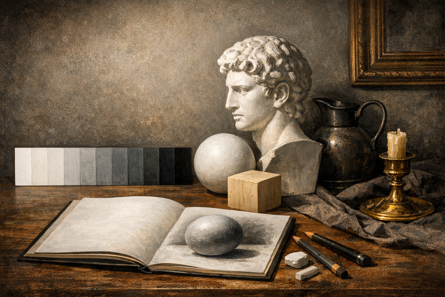 Reference image for documenting pictures of value in art, including light-dark range, contrast, depth, composition, medium, condition, photography quality, and appraisal context