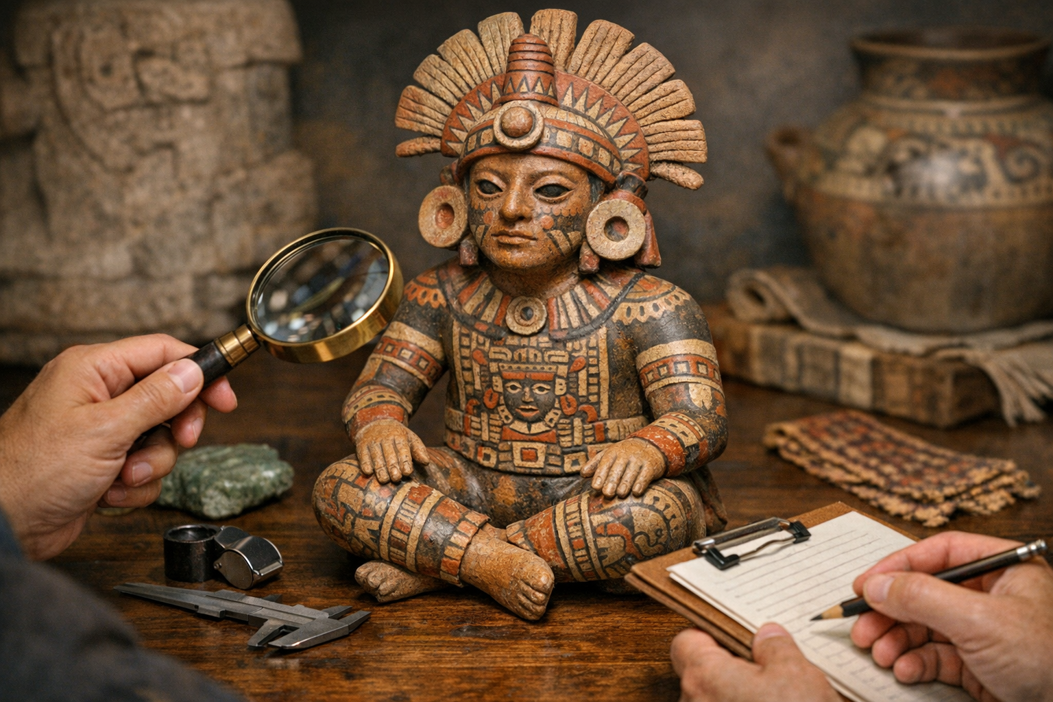 Reference image for documenting Pre-Columbian art appraisal factors including material, form, regional clues, measurements, surface condition, repairs, collection history, legal context, and provenance