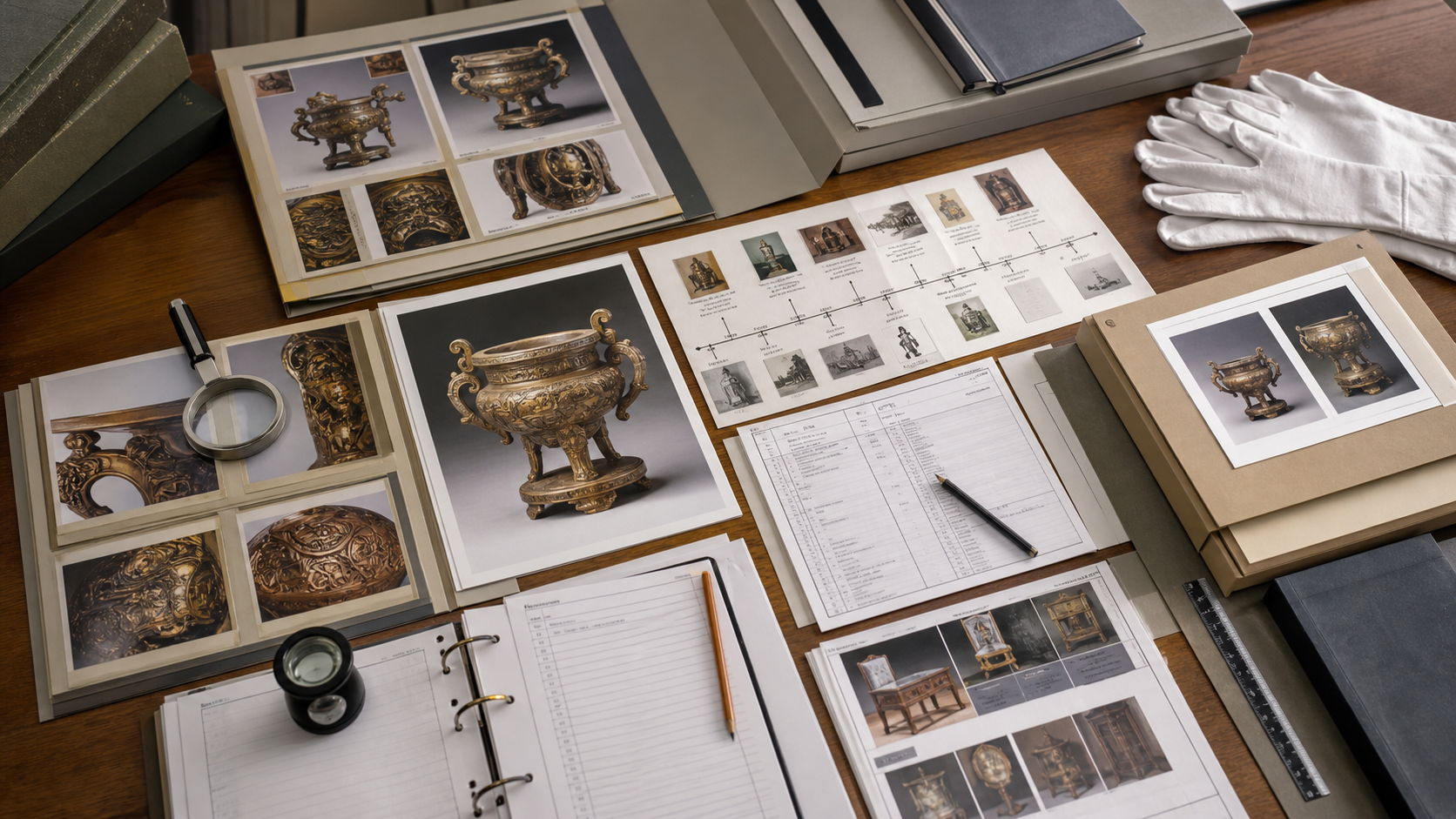 Professional antique and art appraisal workflow with object photos, provenance notes, condition evidence, and comparable sale records
