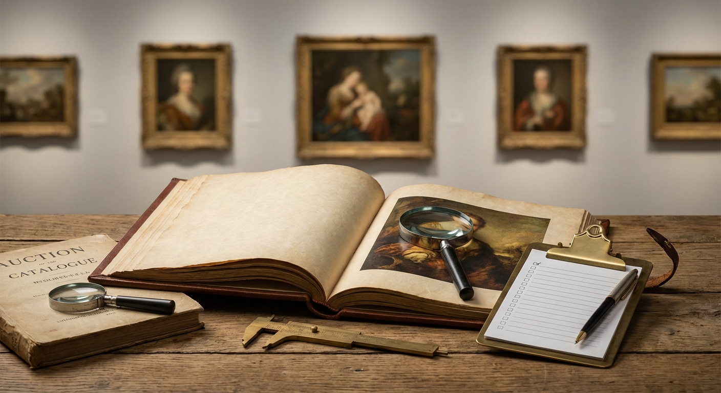 Reference image for documenting attributed painting appraisal factors including medium, support, signature, subject, labels, provenance, condition, and attribution evidence