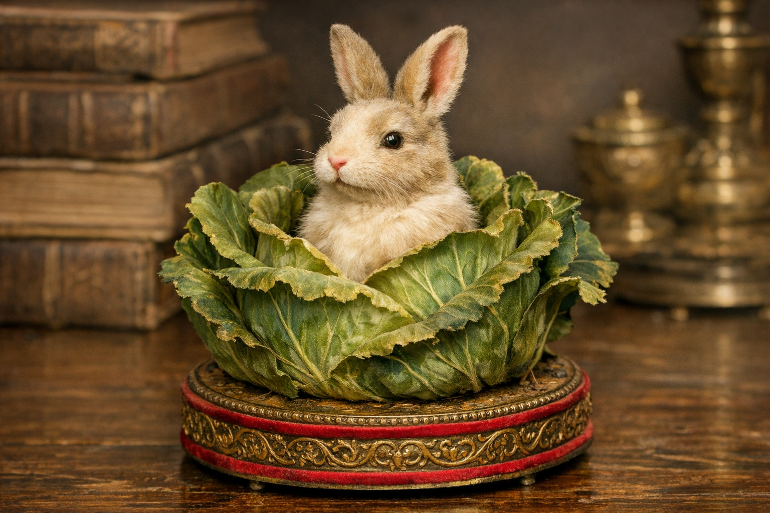 Reference image for documenting Rabbit in Cabbage automaton value factors including maker clues, mechanism, materials, paint, fabric, movement, box, repairs, condition, provenance, and completeness