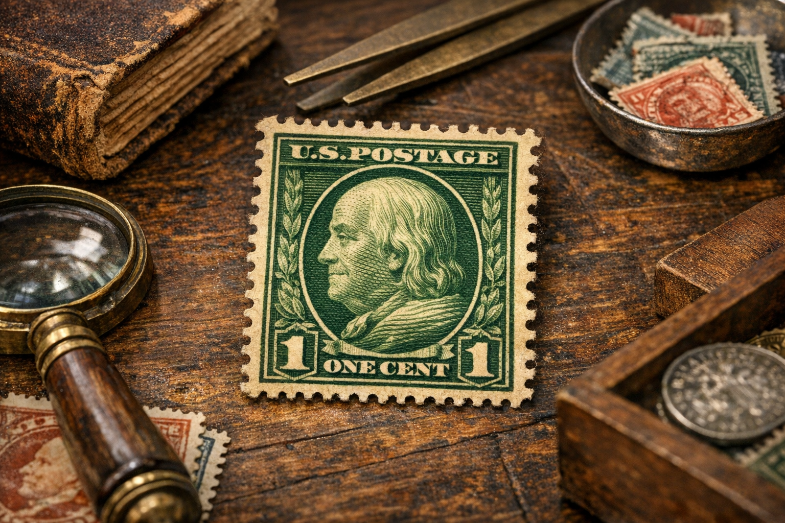 Reference image for documenting 1-cent Benjamin Franklin stamp value factors including issue, grill, watermark, perforations, cancellation, gum, centering, faults, certification, and provenance