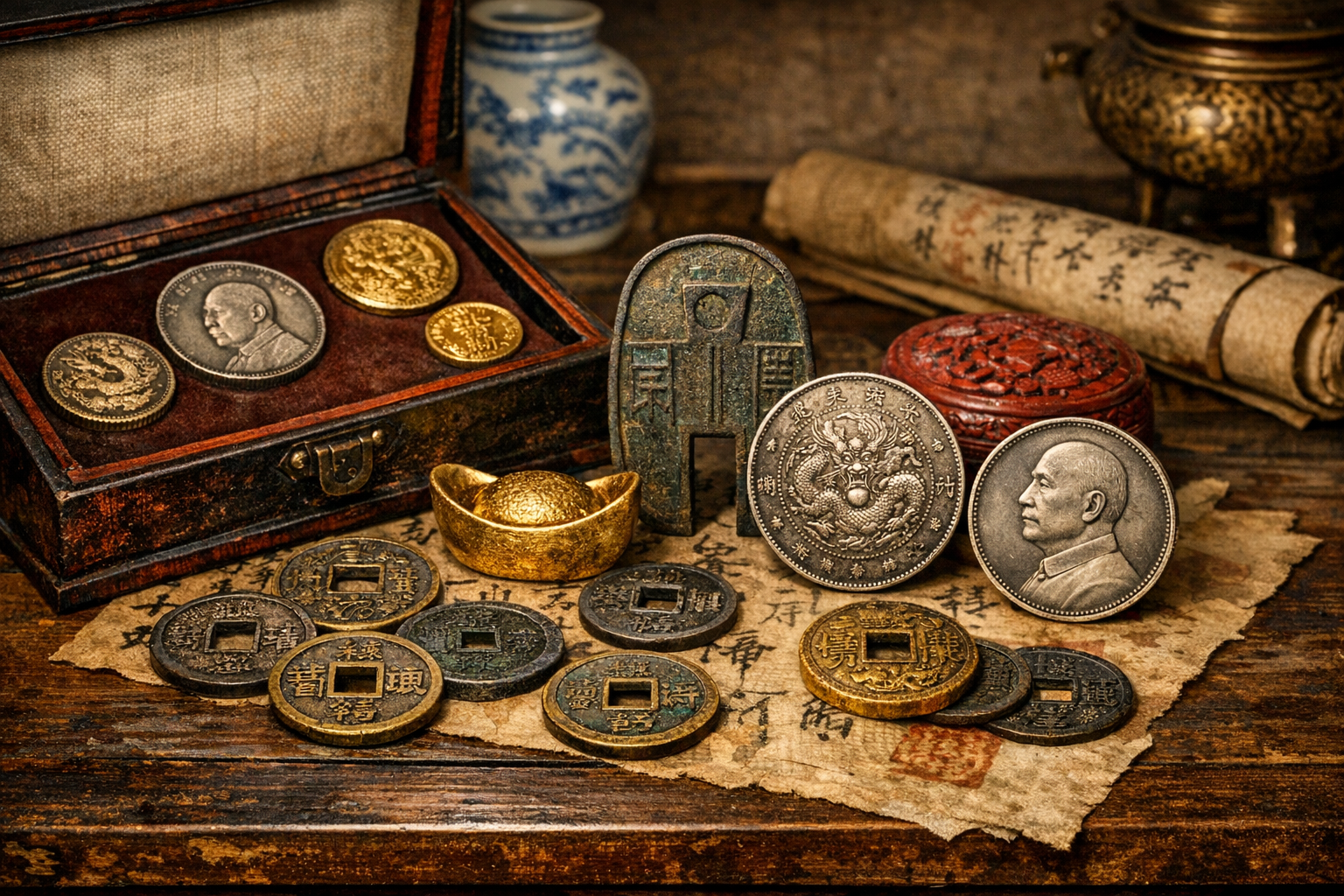 Reference image for documenting rare Chinese coin value factors including dynasty or era, mint marks, metal, weight, diameter, inscriptions, patina, authenticity risks, condition, and provenance