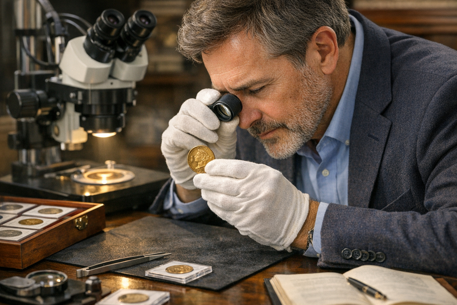 Reference image for documenting rare coin appraisal factors including obverse, reverse, edge, date, mint mark, denomination, weight, diameter, grade, certification, condition, and provenance