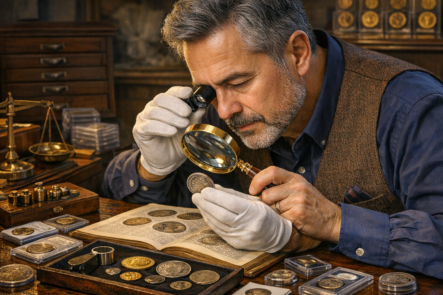 Reference image for documenting rare coin appraiser review factors including photos, date, mint mark, weight, diameter, grade, certification, purchase records, and provenance