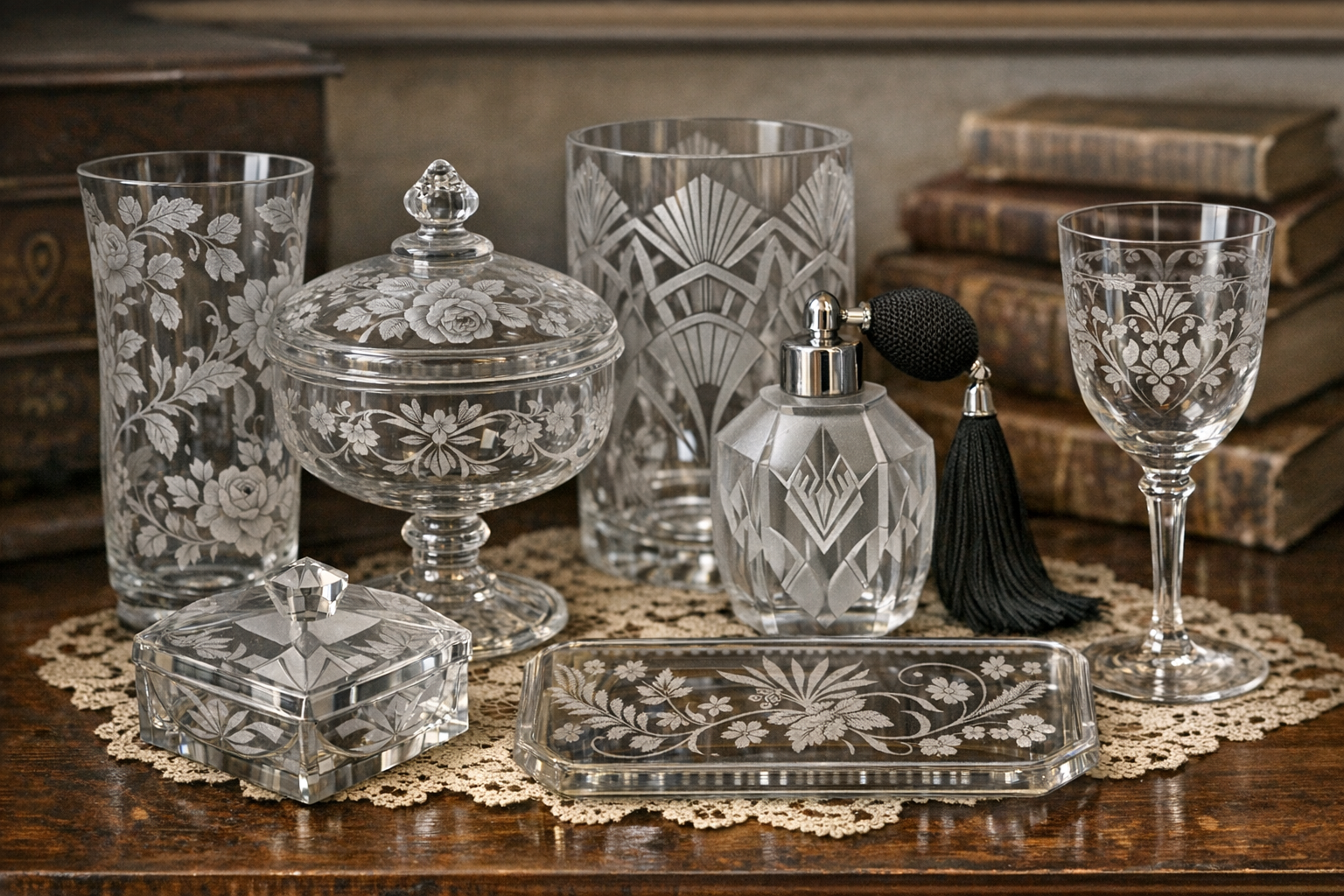 Reference image for documenting rare etched glass pattern identification factors including motif, maker marks, glass form, etching quality, pattern repeats, wear, chips, repairs, and provenance